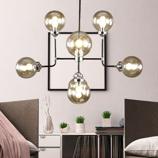 Modern Black Chrome Glass Globe Chandelier Pendant Light - Industrial Style 8/9 Lights For Living