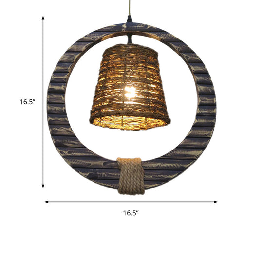 Modern Rattan Conical Hanging Light Brown Pendant Lamp With Wooden Vertical Ring