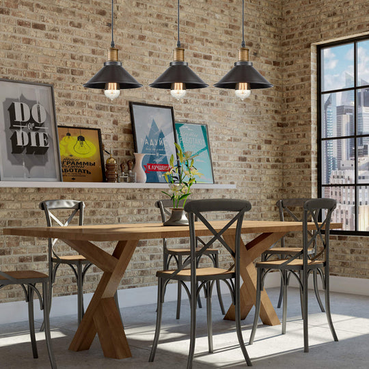 Vintage Metal Pendant Lights - Set Of 3 Cone Shades For Restaurants/Ceiling Hanging Black 1-Light