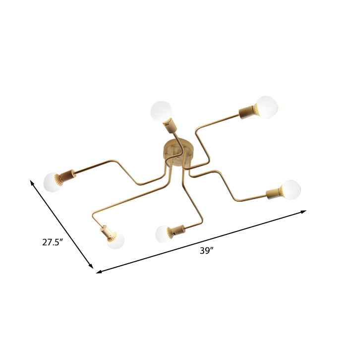 Vintage Metallic Semi Flush Light With Sputnik Design In Antique Brass/Black - Exposed Ceiling