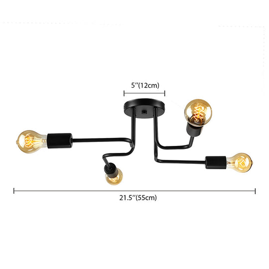 Vintage Metallic Semi Flush Light With Sputnik Design In Antique Brass/Black - Exposed Ceiling