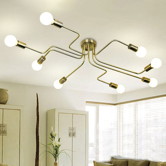 Vintage Metallic Semi Flush Light With Sputnik Design In Antique Brass/Black - Exposed Ceiling