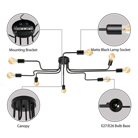 Vintage Metallic Semi Flush Light With Sputnik Design In Antique Brass/Black - Exposed Ceiling
