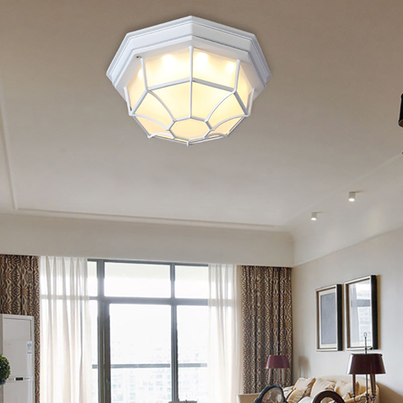 White Geometric Flush Ceiling Mount Light Fixture - Industrial Frosted Glass For Bedroom