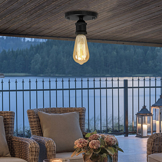 Retro Industrial Metal Black/Brass Finish Ceiling Lighting - Exposed Bulb Semi Flush Mount Light