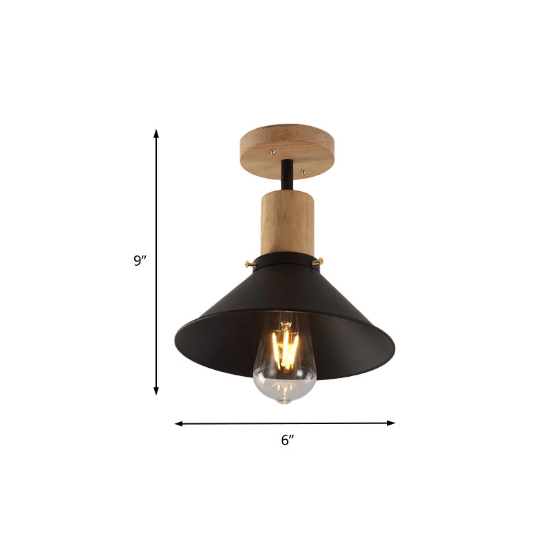 Conic Metal Semi-Flush Mount Foyer Ceiling Light With Wooden Canopy - Loft Style 1 Bulb 8’/10’