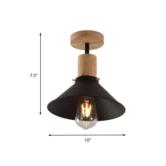 Conic Metal Semi-Flush Mount Foyer Ceiling Light With Wooden Canopy - Loft Style 1 Bulb 8’/10’