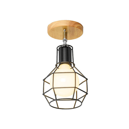 Retro Industrial Metal Semi Flush Light: Mini Triangle/Urn Design With Wire Guard - 1 Head Bedroom