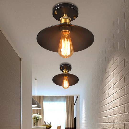 9.5’-10’ Dia Flat Shade Ceiling Mounted Light: Industrial Metallic Single Head Flush Light In