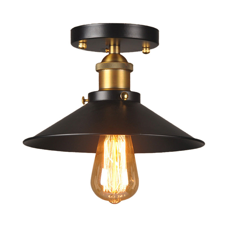 9.5’-10’ Dia Flat Shade Ceiling Mounted Light: Industrial Metallic Single Head Flush Light In Black