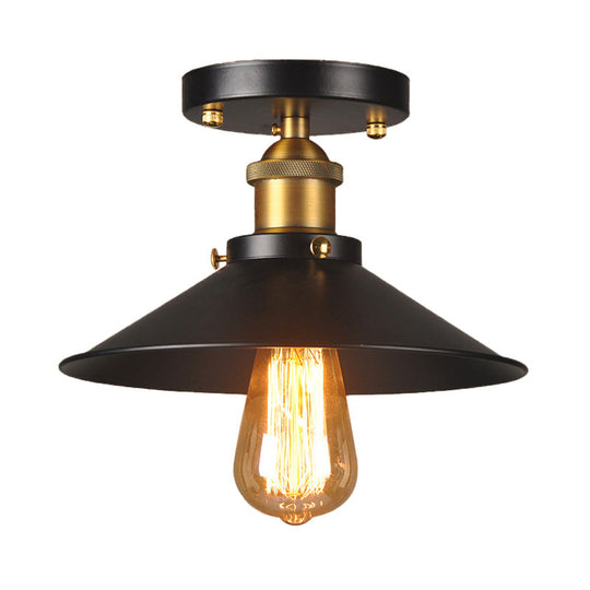 9.5’-10’ Dia Flat Shade Ceiling Mounted Light: Industrial Metallic Single Head Flush Light In Black