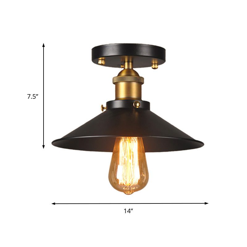 9.5’-10’ Dia Flat Shade Ceiling Mounted Light: Industrial Metallic Single Head Flush Light In Black
