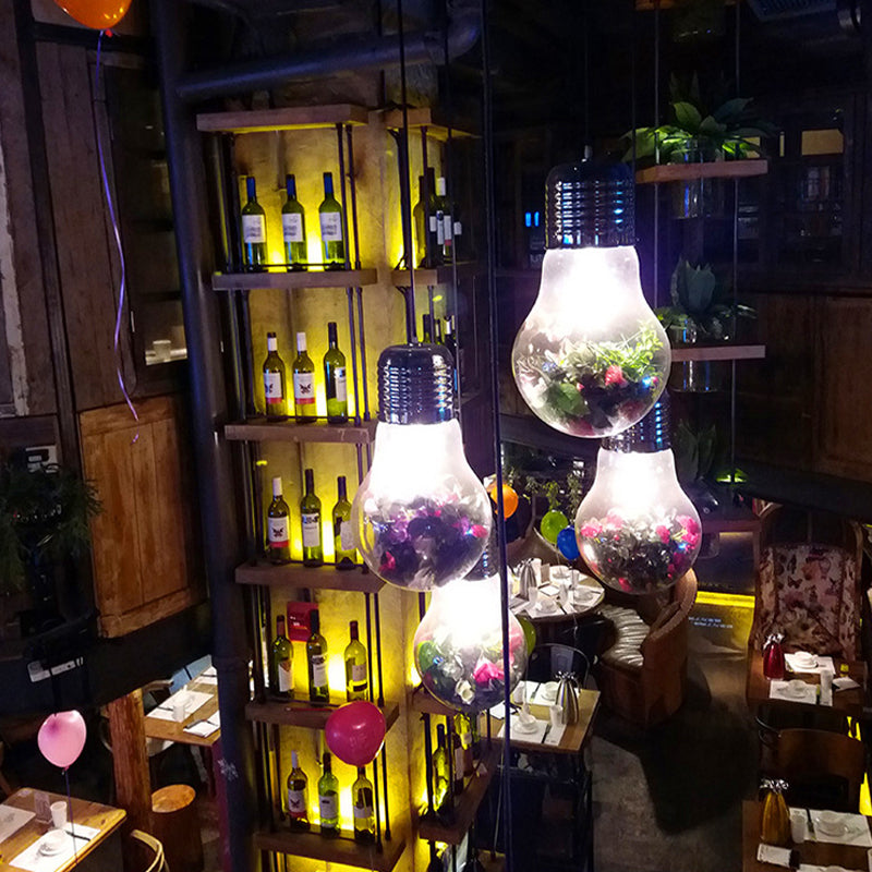 Clear Glass Bulb Pendant Lamp - Industrial Style 1-Light Hanging Light With Artificial Flower
