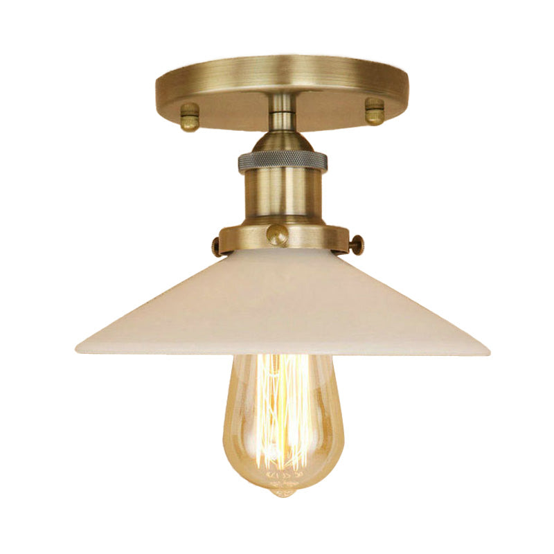 Vintage Style Metal Semi-Flush Mount Ceiling Light With Conical Shape - 1 Fixture In Bronze/Brass
