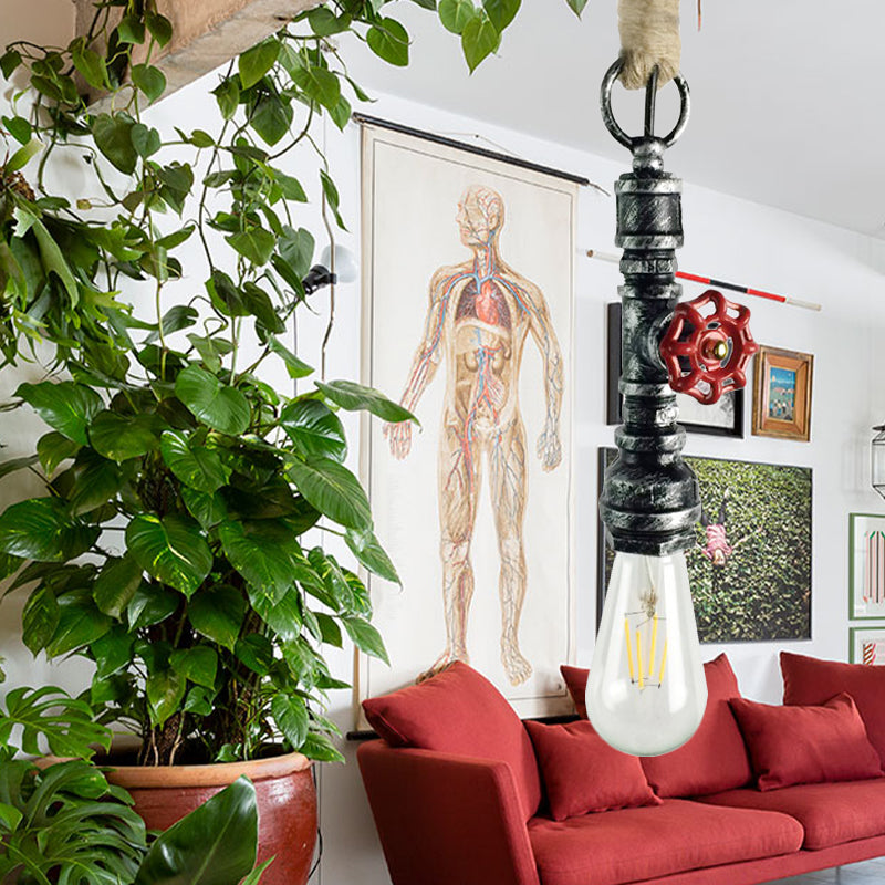 Industrial 1-Light Wrought Iron Pipe Pendant With Adjustable Rope - Aged Silver/Copper