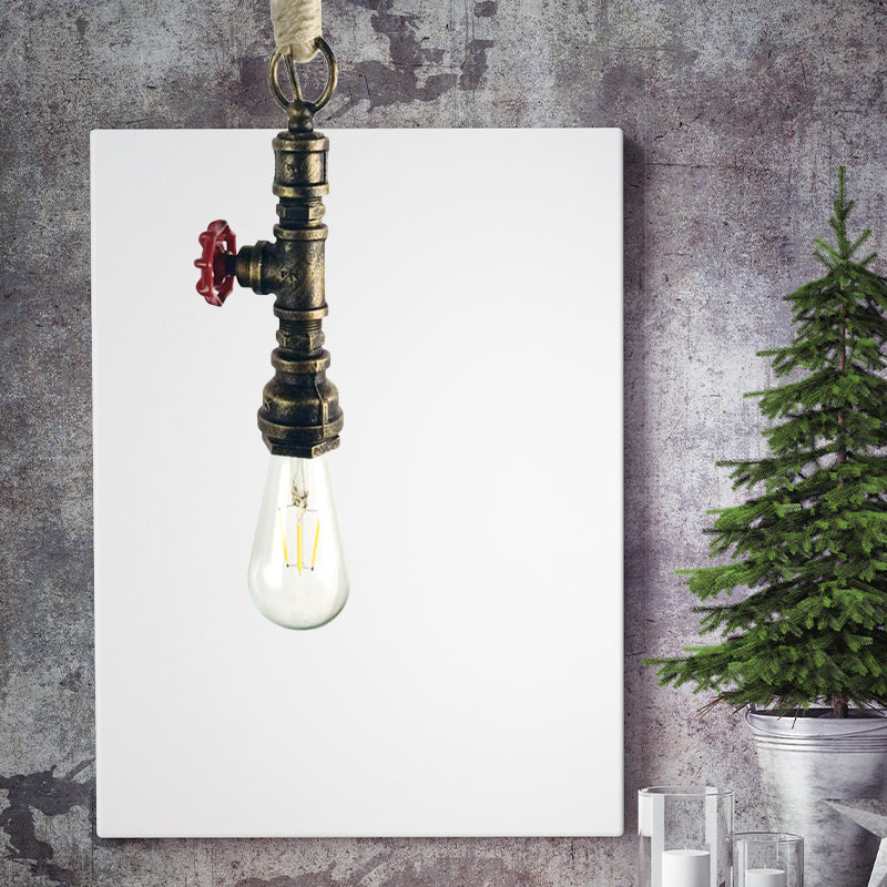 Industrial 1-Light Wrought Iron Pipe Pendant With Adjustable Rope - Aged Silver/Copper