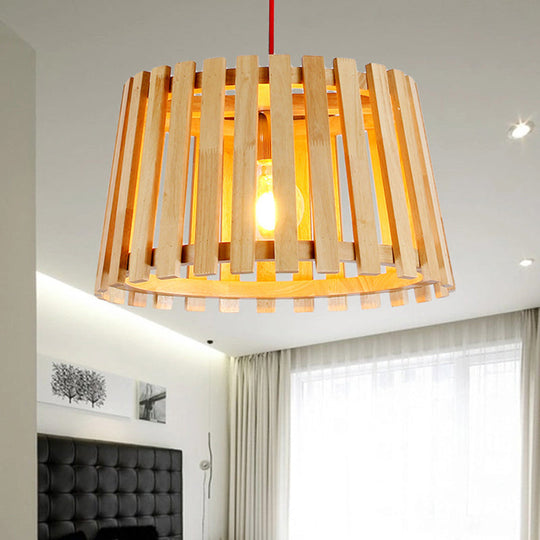 Contemporary Wood Slatted Drum Pendant Light In Beige - Perfect For Bedroom