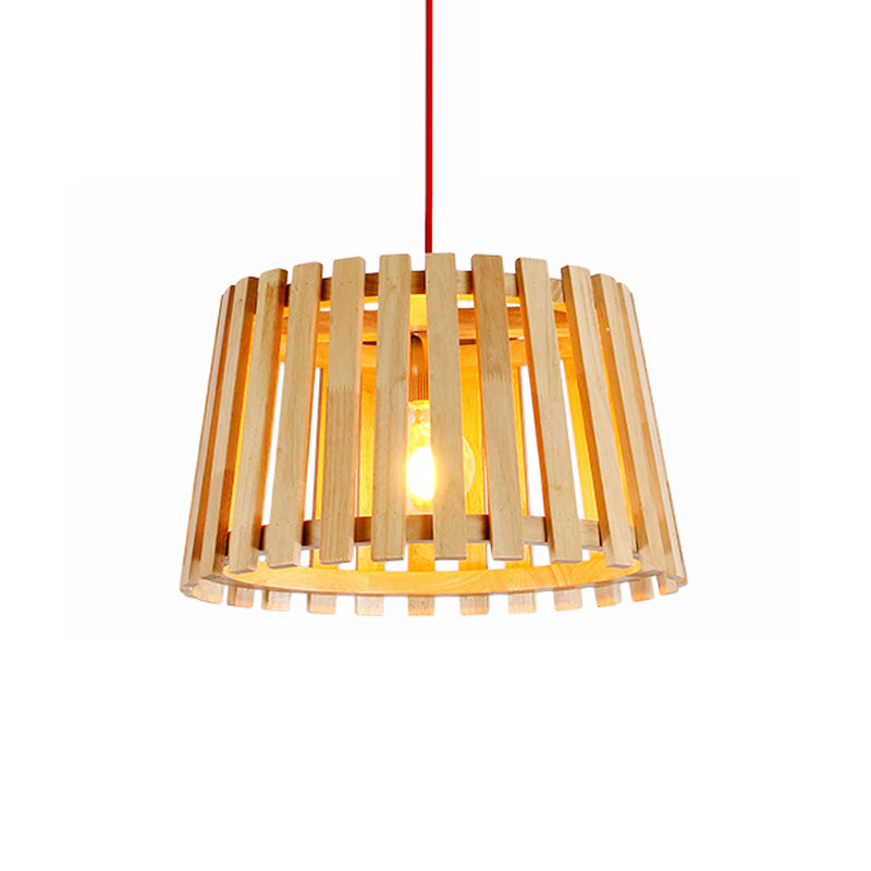 Contemporary Wood Slatted Drum Pendant Light In Beige - Perfect For Bedroom