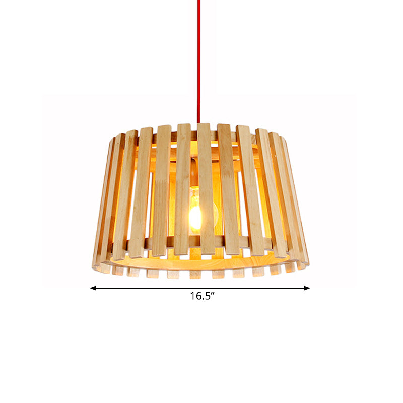 Contemporary Wood Slatted Drum Pendant Light In Beige - Perfect For Bedroom