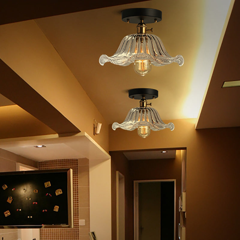 Rustic Ribbed Glass Scalloped Semi Flush Light Red/Blue/Clear 8’/10’/12’ Wide Clear / 10’