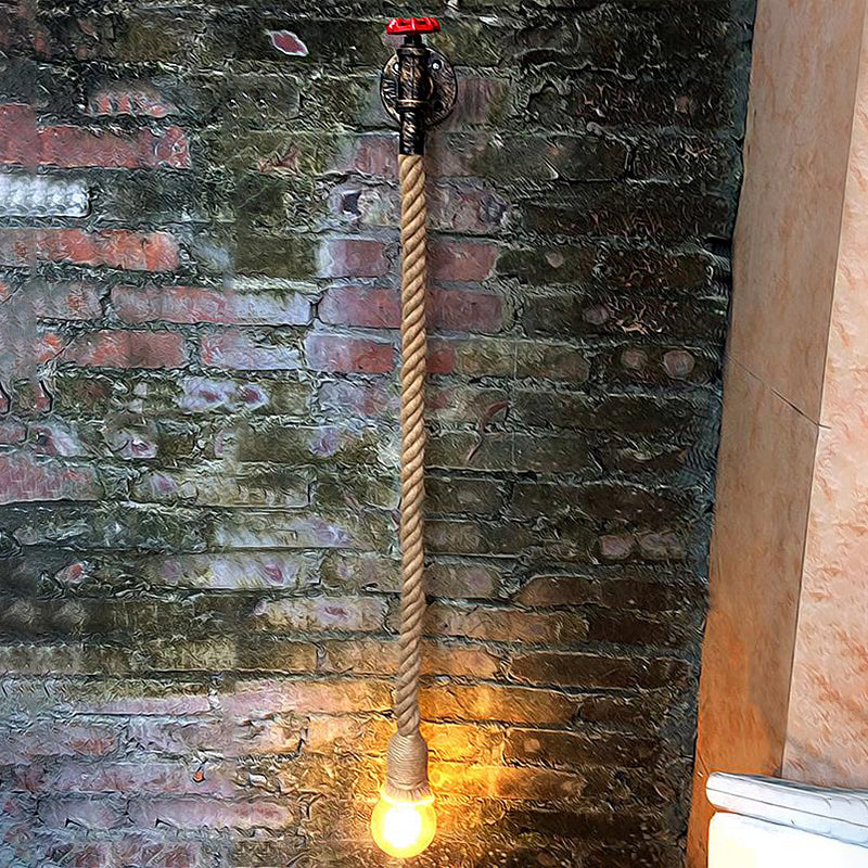Lodge Style Water Pipe Wall Light With Hanging Rope - 1-Bulb Sconce Fixture In Beige