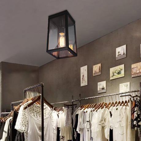 Rectangular Shade Clear Glass Ceiling Light Fixture - 1 Traditional Flush Mount In Black For Living