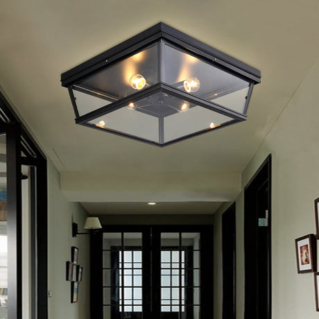 Industrial Square/Hexagon Cage Glass Ceiling Light With 2/4 Bulbs Clear/Black Flush Mount Lighting 4