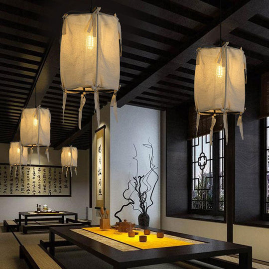 Modern Fabric Shade Lantern Pendant Lighting - 12/14/16 Wide 1-Light White Hanging Lamp For