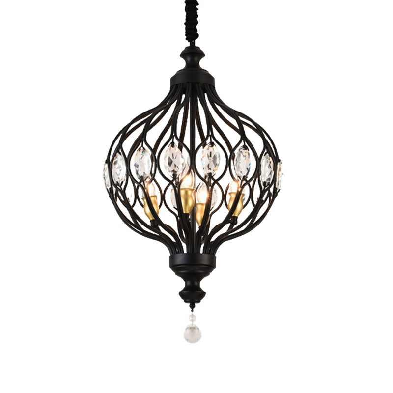 Contemporary Black/Gold Lantern Chandelier With Crystal Encrusted Hanging Lamp Kit - 4/6 Lights