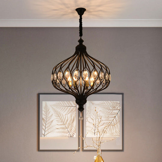 Contemporary Black/Gold Lantern Chandelier With Crystal Encrusted Hanging Lamp Kit - 4/6 Lights
