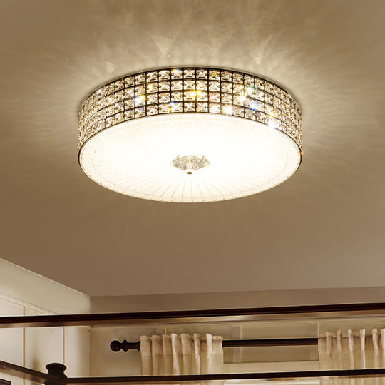 Modern Led Flush Mount Lamp With Clear Crystal Drum Shade - 16/19.5 Width Bedchamber Ceiling Light