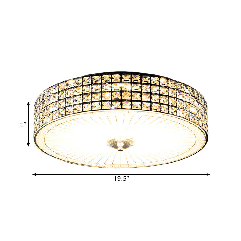 Modern Led Flush Mount Lamp With Clear Crystal Drum Shade - 16’/19.5’ Width Bedchamber Ceiling