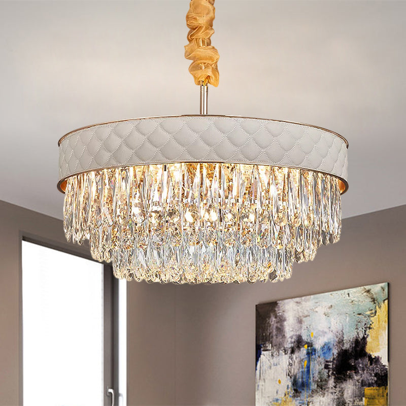 Contemporary Crystal Raindrops Chandelier - White 9/15 Heads Drum Ceiling Pendant (19.5’/23.5’