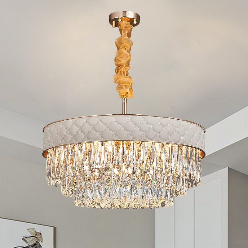 Contemporary Crystal Raindrops Chandelier - White 9/15 Heads Drum Ceiling Pendant (19.5’/23.5’ Wide)