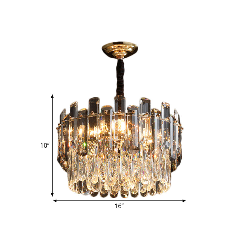 Modern Crystal Prismatic Drum Suspension Lamp With 6 Bulbs - Clear Dinning Hall Chandelier