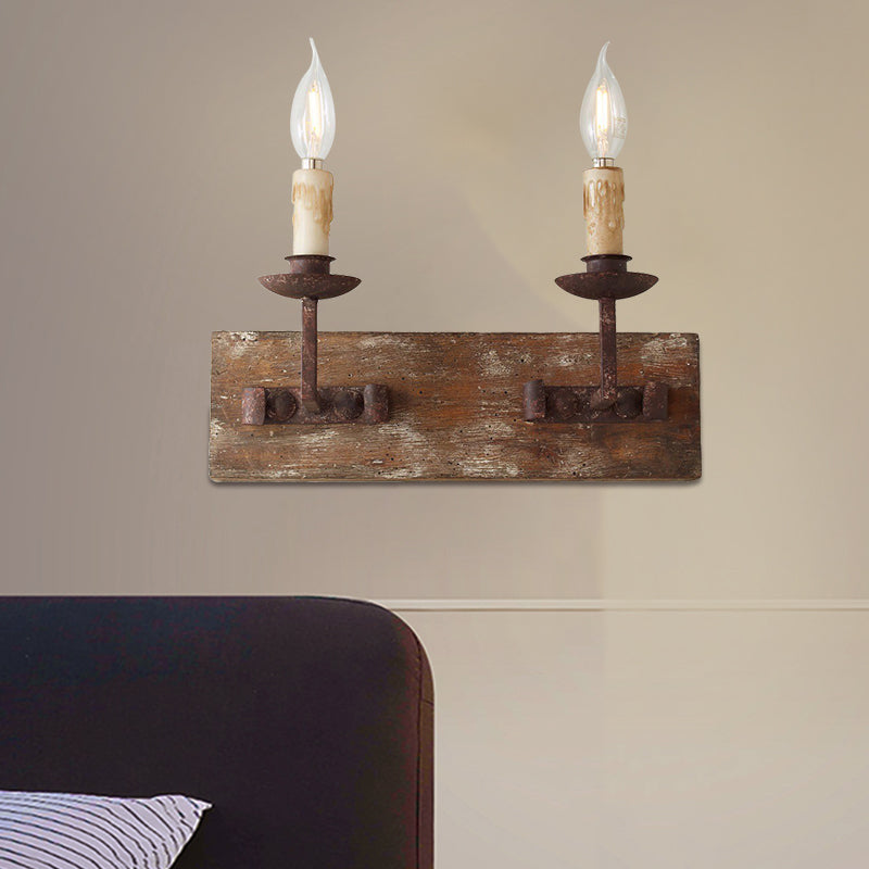 Rustic Candelabra Wall Light Fixture - 1/2/3-Bulb Metallic Lamp In Brown With Wood Backplate