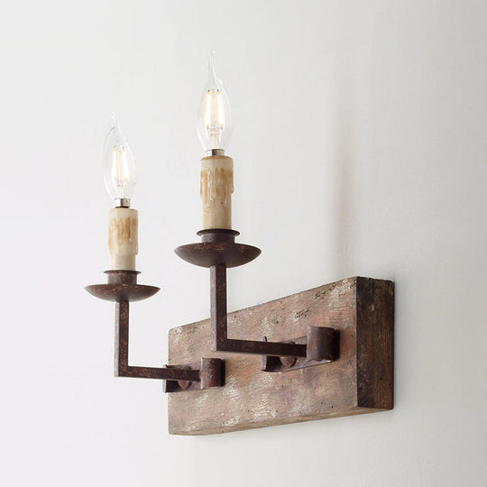 Rustic Candelabra Wall Light Fixture - 1/2/3-Bulb Metallic Lamp In Brown With Wood Backplate