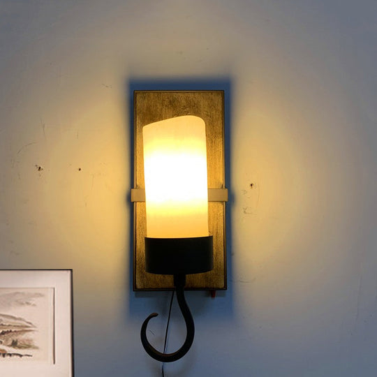 Farmhouse Wall Mounted Lamp: White Glass Cylinder Shade With Brown Finish