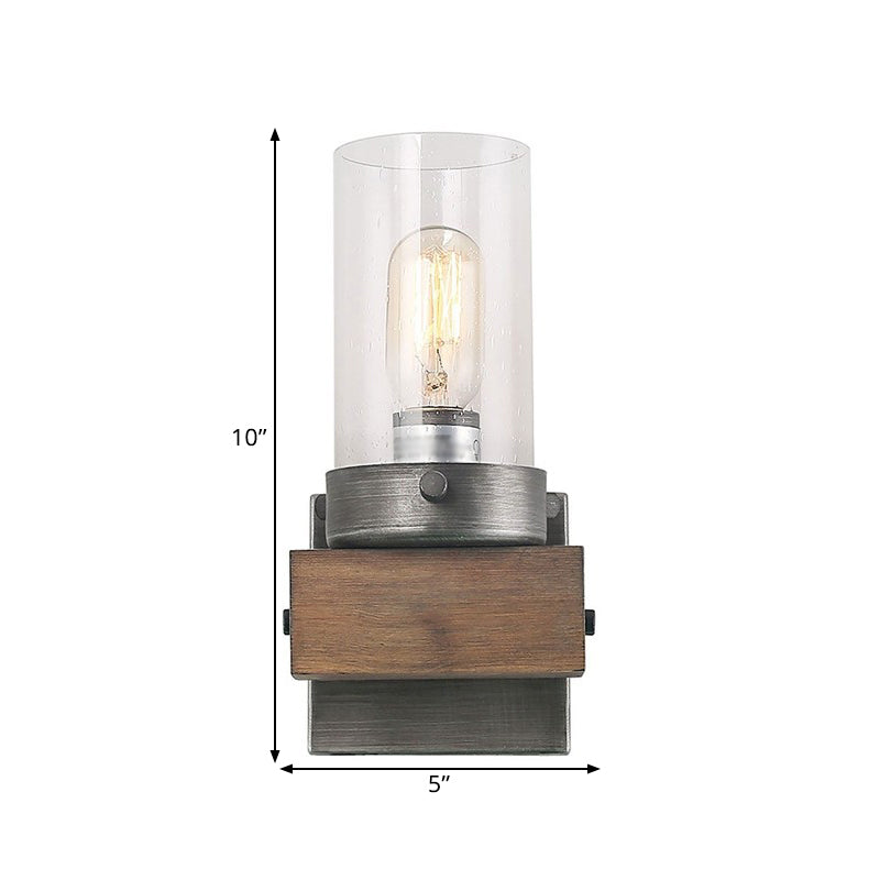 Countryside Cylindrical Wall Sconce Light - Clear Glass Lamp Fixture In Brown
