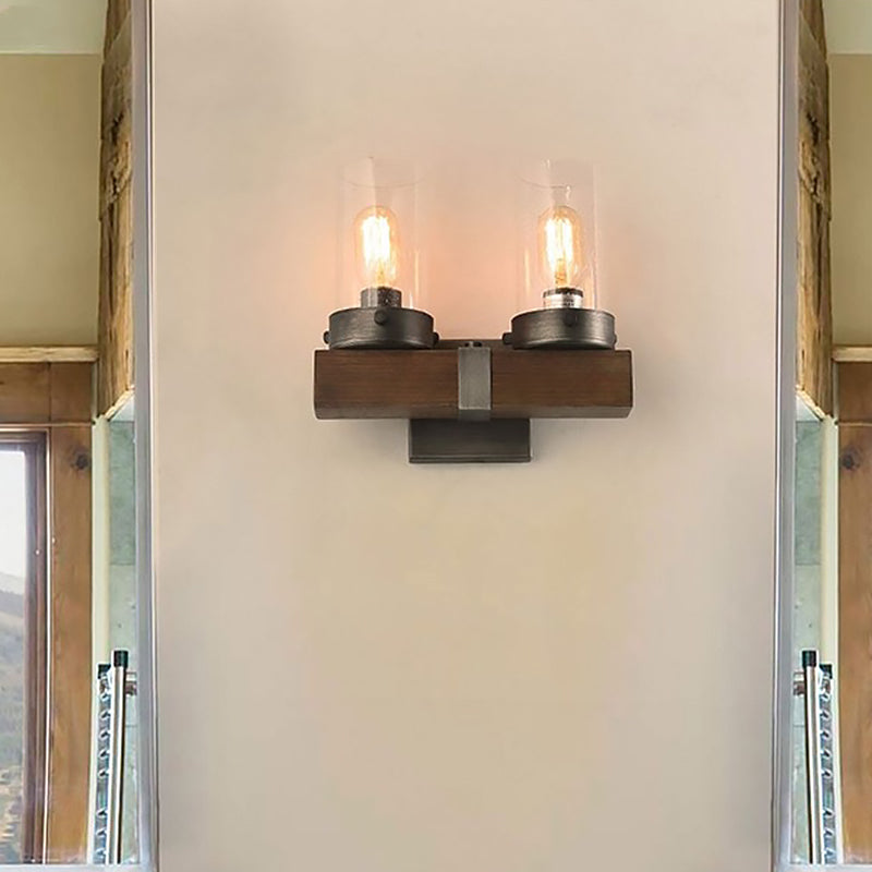 Countryside Cylindrical Wall Sconce Light - Clear Glass Lamp Fixture In Brown