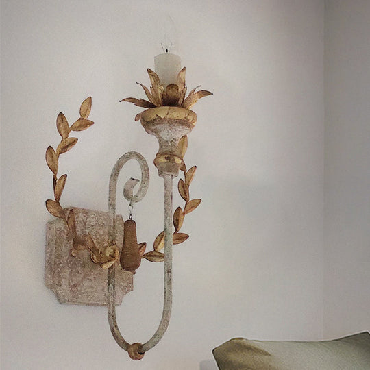 Metallic Gold Farmhouse Wall Lamp With Vine Decor - Mount Candelabra