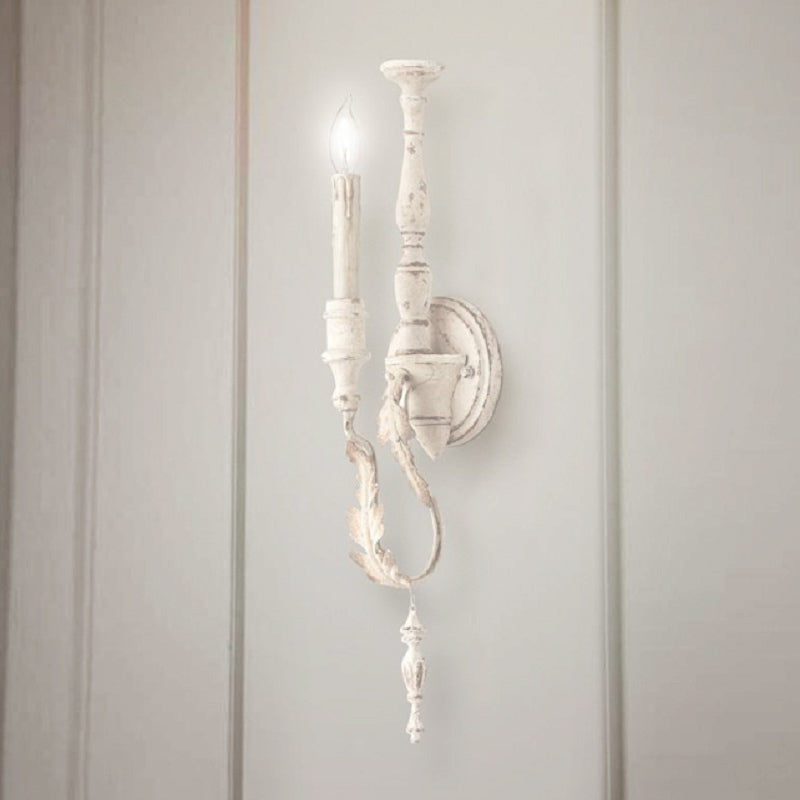 Rustic White/Brown 1-Light Candle Wall Fixture - Metallic Mounted Lamp White