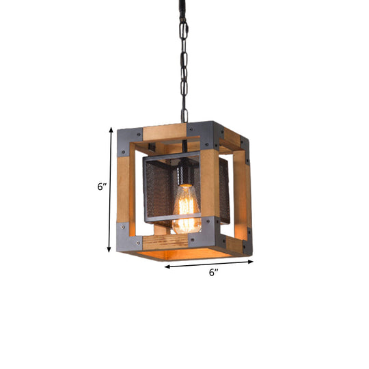 Wooden Cube Pendant Lamp - Industrial Hanging Light For Restaurants 1-Light Fixture