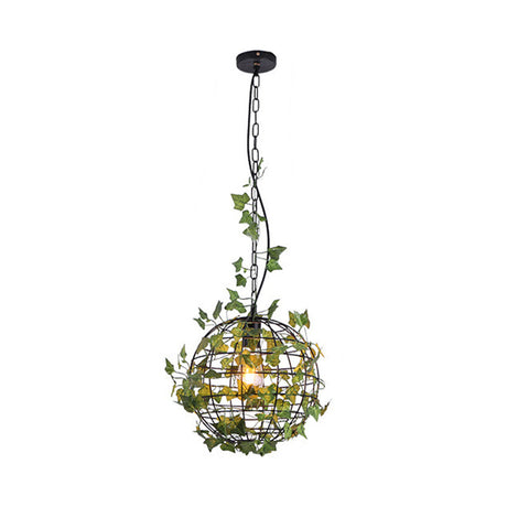 Industrial Globe Cage Ceiling Pendant Light With Iron Pendulum And Artificial Plant Deco In Black