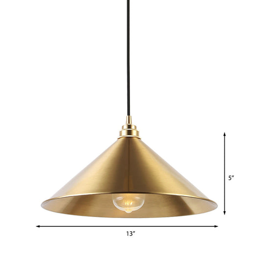Conic Shade Metallic Pendant Light - Vintage Brass Indoor Ceiling Fixture With 1 Hanging