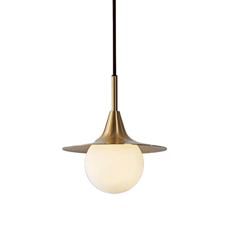 Mid Century Brass Ceiling Pendant Light With Milk Glass Ball Shade - Stylish Hanging Lamp For
