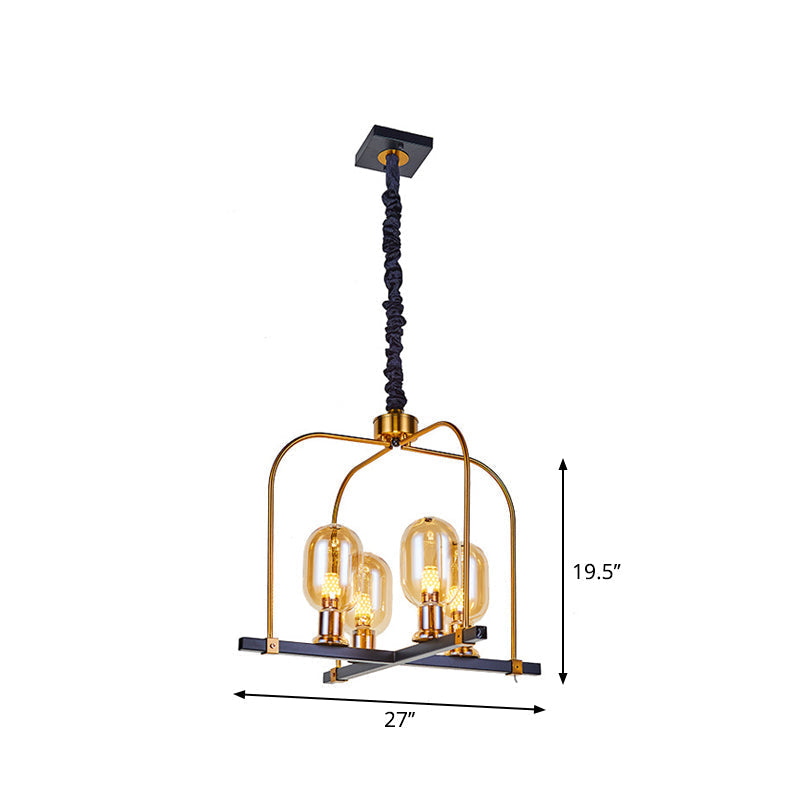 Minimalist Black-Gold Oval Hanging Ceiling Chandelier With Amber Glass And Metal Frame – 4 Head