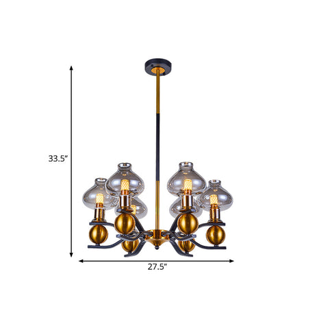 Smoke Gray Glass Hanging Chandelier 6/8-Bulb With Curved Arm In Black And Gold - Simplicity Jar