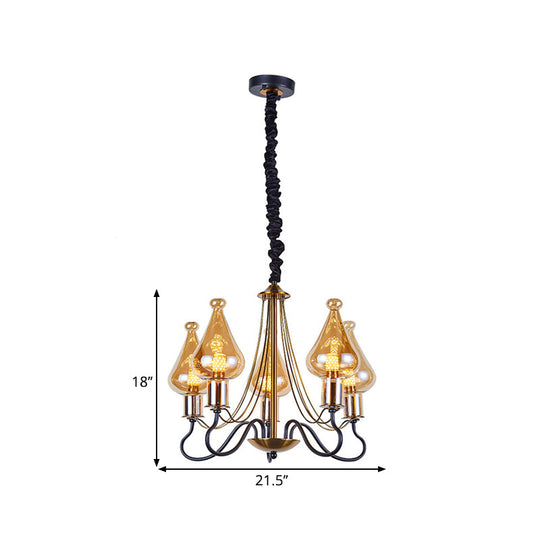 Modern Black-Gold Teardrop Chandelier With Amber Glass - 5/8 Lights Perfect For Dining Room
