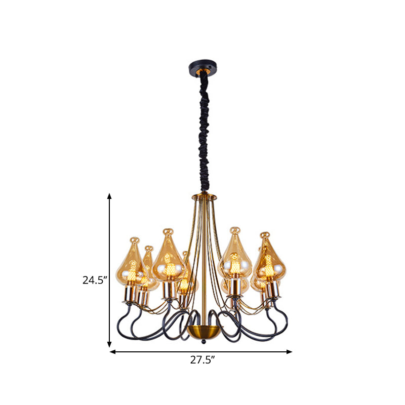 Modern Black-Gold Teardrop Chandelier With Amber Glass - 5/8 Lights Perfect For Dining Room